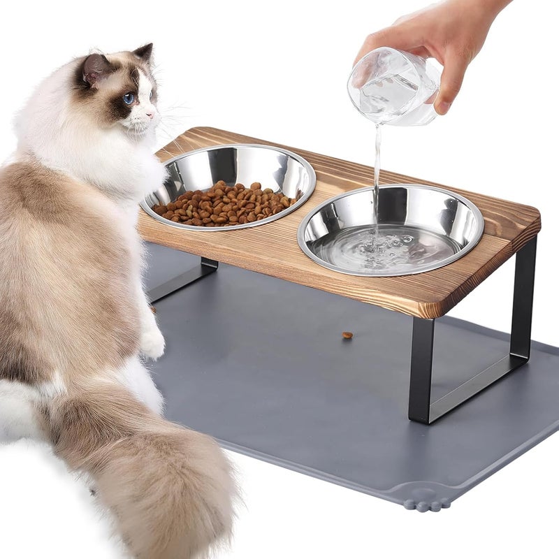 Summark Upgraded Elevated Cat Bowls with Food Mat,15°Tilted Stand Anti Vomiting Raised Cat Dishes for Food and Water,2 Stainless Steel Bowls for Cats and Puppy（Rustic Brown） - Image 1